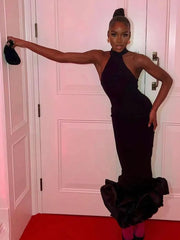 Bodycon Dress Women Halter Neck Ruffle Hem Black Mermaid Mid-Calf Bandage Elegant Wedding Gala Party