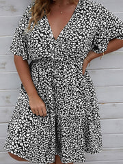 Plus Size Floral Print Casual Dress Women V-Neck Short Sleeve Summer Beach Vacation Fashion