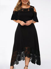 Plus Size Cold Shoulder Dress Women Lace Patchwork Short Sleeve Elegant Cocktail Asymmetric Hem