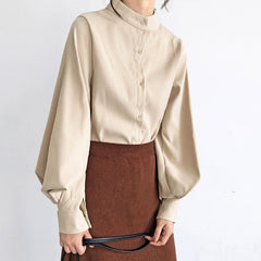 Lantern Sleeve Blouse Women Vintage Single Breasted Button Down Autumn Winter Casual Fashion Top