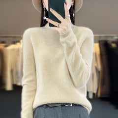 Wool Knit Sweater Women Half Height Curled Collar Bright Silk Pure Yarn Pullover Fashion Top