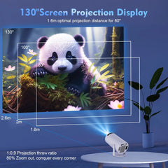 Projector displaying a panda on a screen with projection distances indicated, in a room setting.