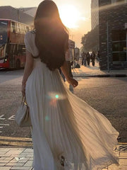 Maxi Dress Women Solid Pleat French Elegant V-Neck High Waist Holiday Wedding Party Summer Long Dress