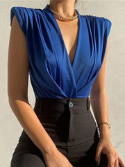Ruched Deep V-Neck Bodysuit Women Sleeveless Bodycon Romper Casual Club Party Fashion