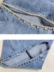 Flare Jeans Women Embroidered High Waist Patchwork Button Hollow Out Distressed Wide Leg Denim