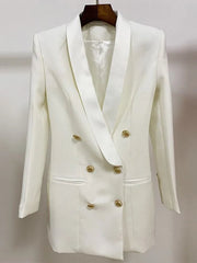 Blazer Women Gold Lion Button Double Breasted Satin Shawl Collar Long Chic Elegant Fashion Jacket