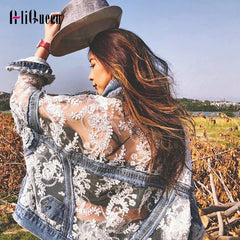Denim Jacket Women Embroidered Lace Patchwork Frayed Tassel Loose Blue Jean Casual Outerwear
