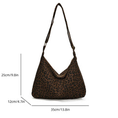 Leopard print handbag with measurements on a white background