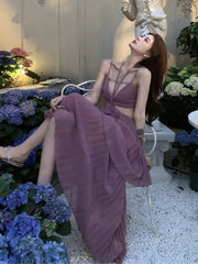 Maxi Dress Women Pleated Bohemian Spaghetti Strap A-Line Sundress Vacation Beach Summer Long Dress