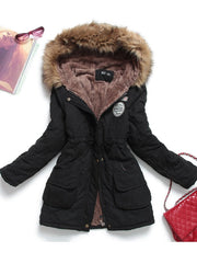 Military Style Coat Women Cotton Wadded Hooded Fur Warm Winter Casual Outerwear Fashion