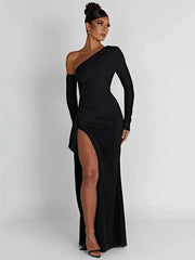 Oblique Shoulder Maxi Dress Women Thigh-High Split Long Sleeve Half Backless Bodycon Wedding Prom