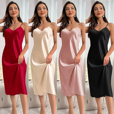 Nightgown Women Solid Color Long Ice Satin Silk Halter Pajamas Sleepwear Home Loungewear