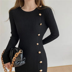 Long Sleeve Knit Midi Dress Women Vintage Side Button Warm Mermaid Bodycon Elegant Winter Fashion