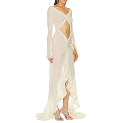 Nightgown Women Babydoll Long Sleeve V-Neck Mesh Sheer Frill Trim Chemise Gown Sleepwear Cover Up