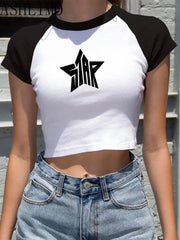 T-Shirt Women Y2K Star Retro Short Sleeve Crop Top Aesthetic Navel Fashion Casual Tee Top