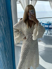 Crochet Midi Dress Women V-Neck Hollowed Out Flare Sleeve Loose Sheer Party Beach Vacation Dress