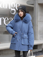 Winter Coat Women -30 Degree Removable Liner Padded Loose Faux Fur Collar Hooded Parka Outerwear