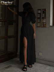 Puff Sleeve Maxi Dress Women White Elegant V-Neck Button Casual Party Wedding Guest Fashion