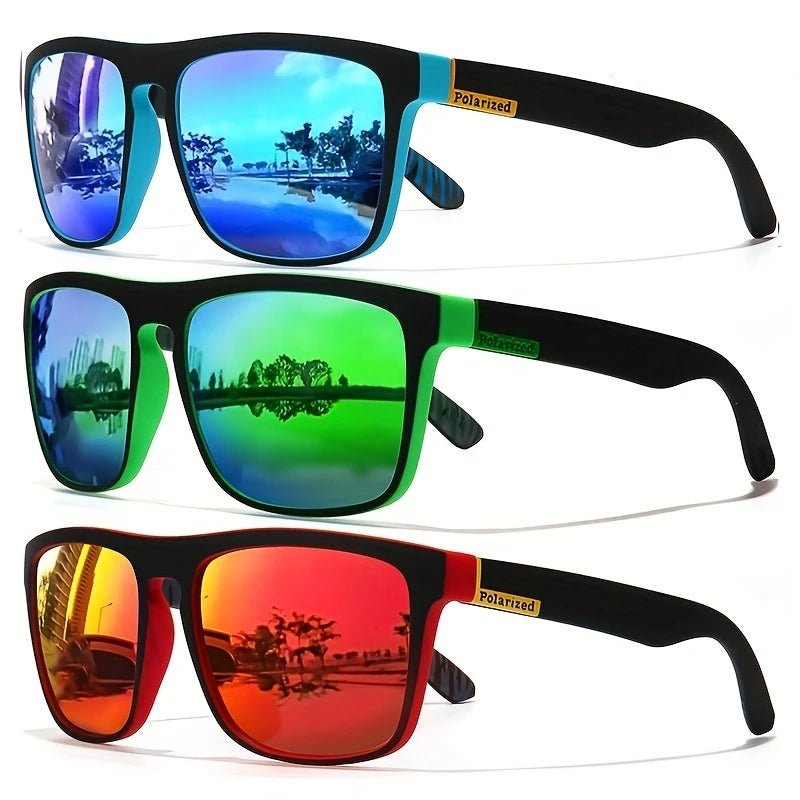Three pairs of sunglasses with different colored lenses on a white background