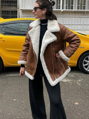 Faux Fur Lapel Coat Women Long Sleeve Zipper Pockets Thick Warm Casual Winter Outerwear Fashion