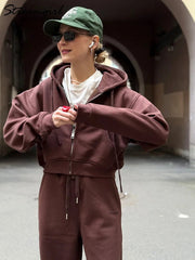 Brown Fleece Sweatsuit Set Women 2 Piece Crop Zip Hoodie Wide Leg Sweatpants Autumn Winter Loungewear