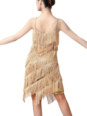 Beige fringe dress worn by a model on a white background