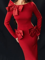 Maxi Dress Women Elegant Backless Bow Red O-Neck Long Sleeve Bodycon Club Wedding Party Prom Dress