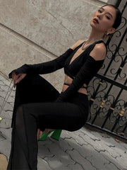 Crop Top Women Black Lace-Up Bandage V-Neck Cut Out Long Sleeve Streetwear Casual Top