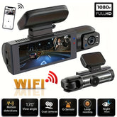 Car dashboard camera with multiple features highlighted on a white background