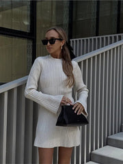 Mini Dress Women Ribbed Knit O-Neck Long Sleeve Slim Fit Chic Party Clubwear Autumn Winter Dress