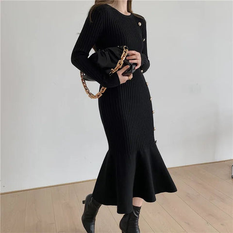 Long Sleeve Knit Midi Dress Women Vintage Side Button Warm Mermaid Bodycon Elegant Winter Fashion