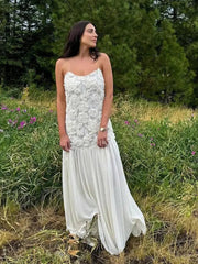 White Maxi Dress Floral Applique Spaghetti Strap Sleeveless Long Evening Gown Elegant Formal Women