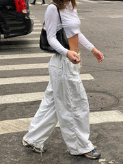 Low Waist Parachute Cargo Pants Women Loose Drawstring Wide Leg Casual Streetwear Fashion