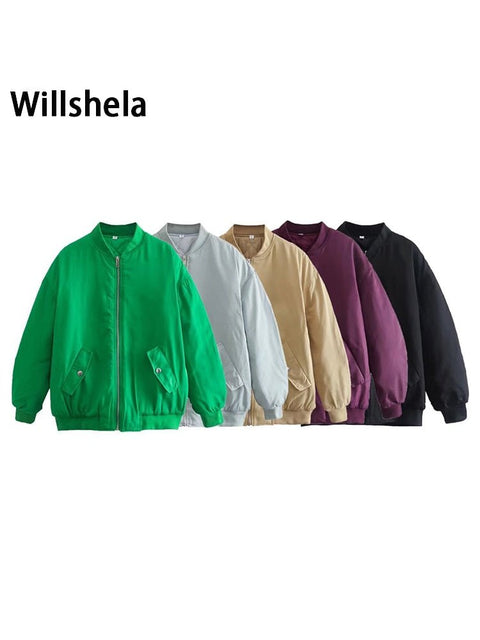 Oversized Bomber Jacket Women Pockets Front Zipper Vintage Casual Chic Outerwear Fashion