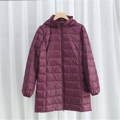 Down Puffer Jacket Women Plus Size Detachable Hood White Duck Down Light Thin Long Warm