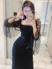 Maxi Dress Women Designer Inspired Mesh Stretch Lace Flare Long Sleeve Elegant Party Wedding Guest Prom Dress