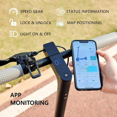Smart handlebar control with smartphone app for bike monitoring on a blurred outdoor background