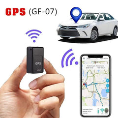 GPS tracker device held by a hand with a car, smartphone, and map displayed.