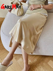 High Waist Midi Skirt Women Long Satin Elegant A-Line Solid Vintage Office Casual Fashion Skirt