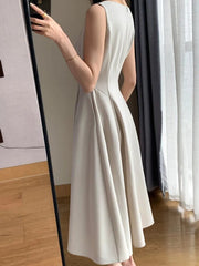 Midi Dress Women Vintage Sleeveless Casual A-Line Elegant Chic Party Fashion Dress