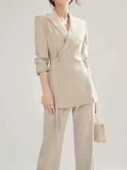 Pant Suit Women 2-Piece Chic Long Sleeve Blazer High Waist Straight Pants Vintage Office Attire Set