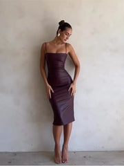Sexy Bandage Backless Faux Leather Dress Elegant Party Cocktail Evening Midi Dress Clubwear