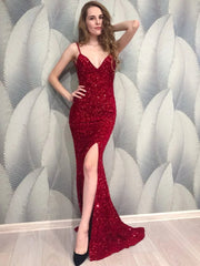 Mermaid Maxi Dress Women V-Neck Backless Sequined Stretch Split Sleeveless Floor Length Evening Prom