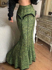 Maxi Skirt Women Y2K Vintage Green Mermaid Graphic Print Lace Trim Mid-High Waist 2000s Aesthetic