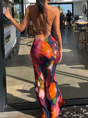 Elegant Tie Dye Floral Chiffon Dress Summer Sexy Women's Backless Lace Bodycon See Through Beach Party Maxi Dress