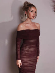 Off Shoulder Midi Dress Ruched Mesh Long Sleeve Bodycon Tight Fitted Evening Party Club Women