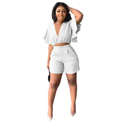 V Neck Crop and Shorts Set for Women Ruffled Sleeve Top Shorts with Pockets