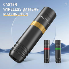 Caster wireless battery machine pen with 'EZTattoo' branding on a blue gradient background
