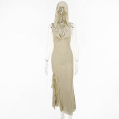 Hooded Ruffle Midi Dress Women Sleeveless Y2K Beach Casual Elegant Fashion Dress