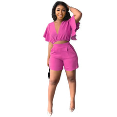 Ruffle Sleeve Crop Top & Shorts Set Women V-Neck 2-Piece Casual Summer Beach Vacation Fashion